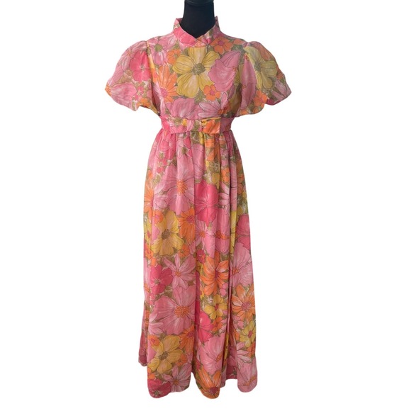 Vintage Dresses & Skirts - Vintage 60's  Floral Maxi Dress Pink Orange Yellow Puff Sleeve‎ Boho Mod Garden